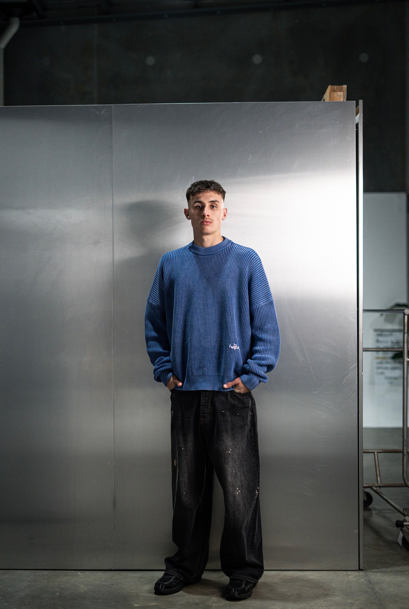 Acid Washed Knitted Sweater - Cobalt Blue